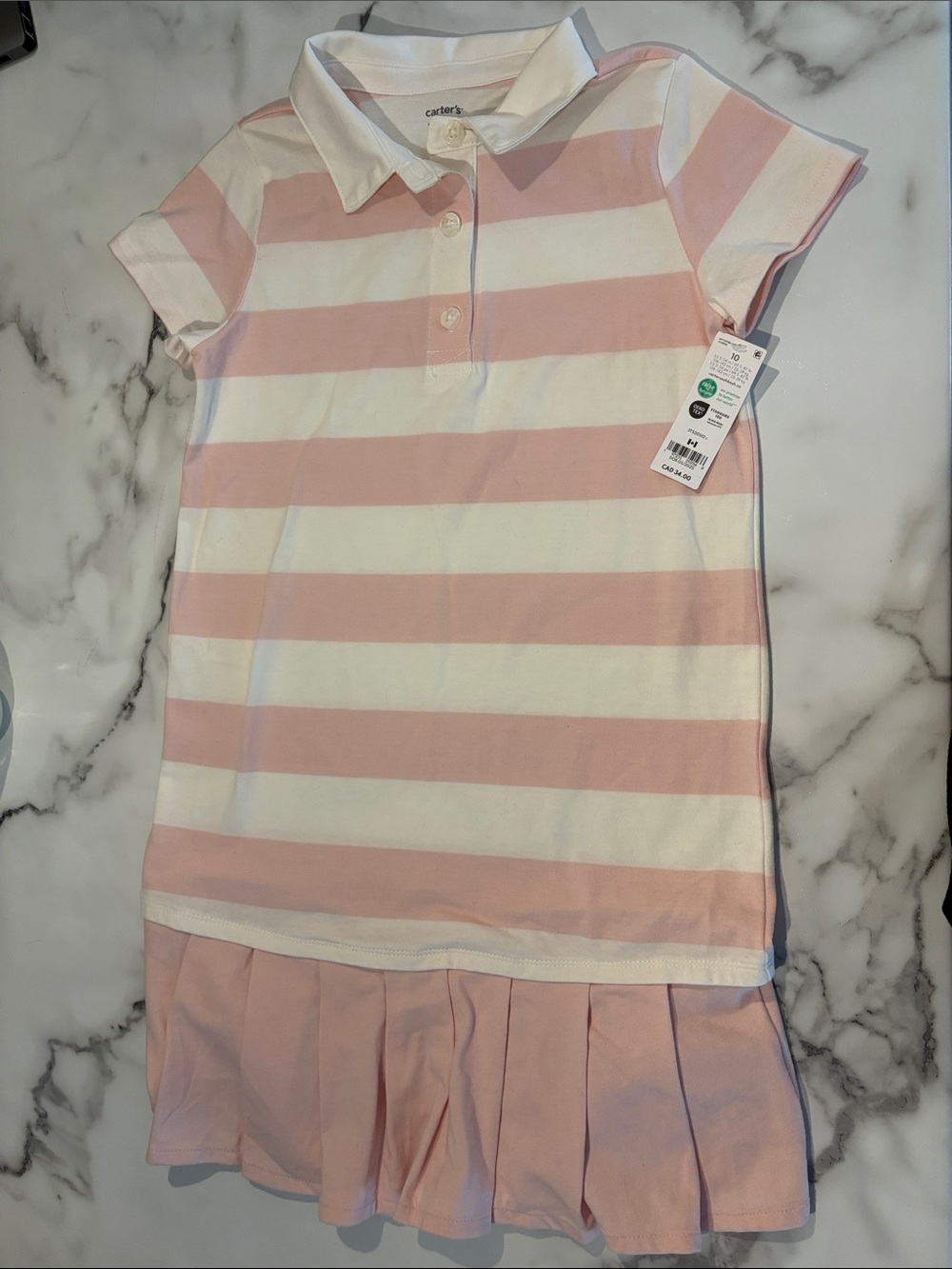 Carter's Pink and White Striped Polo Dress with Pleated Skirt
